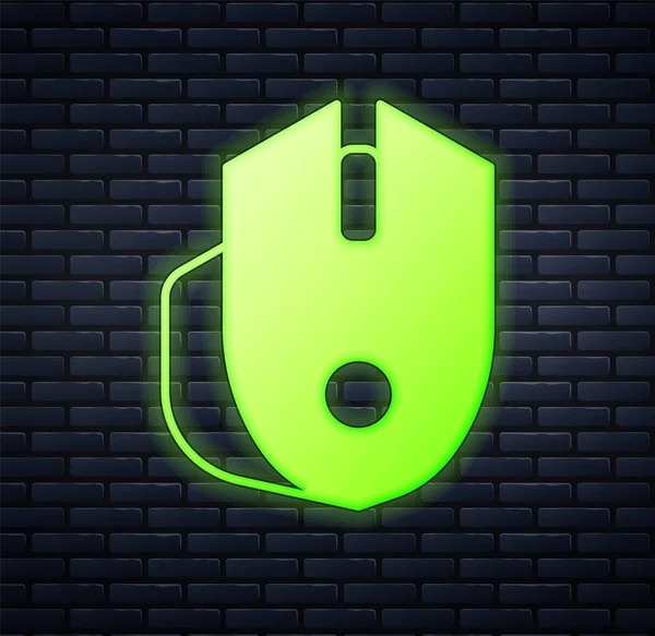 Glowing Neon Computer Mouse Gaming Icon Isolated Brick Wall Background — Stok Vektör