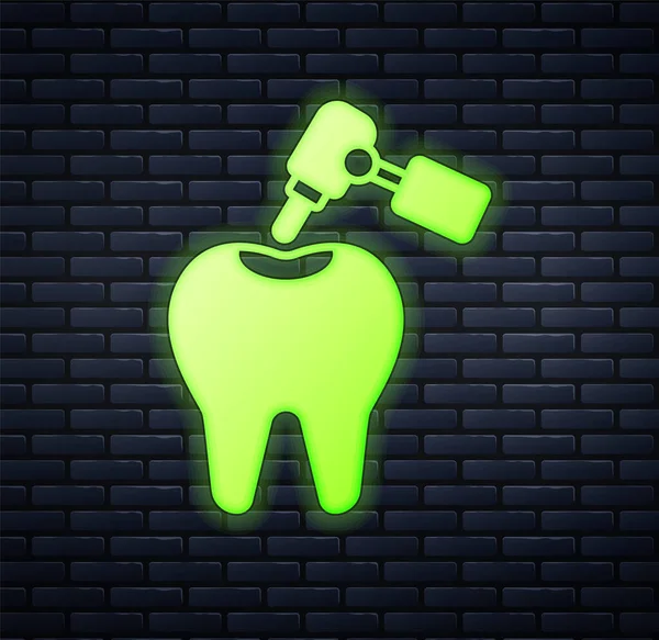 Glowing Neon Tooth Caries Tooth Drill Icon Isolated Brick Wall — Stock vektor