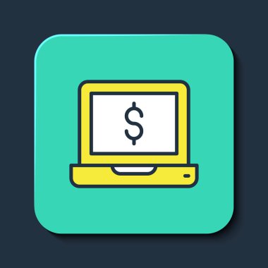 Filled outline Laptop with dollar icon isolated on blue background. Sending money around the world, money transfer, online banking, financial transaction. Turquoise square button. Vector