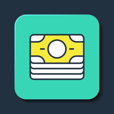 Doldurulmuş kağıt yığınları para para ikonu mavi arka planda izole. Para desteleri. Para birimi. Turkuaz kare düğme. Vektör