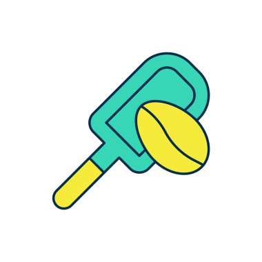 Beyaz arka planda izole edilmiş Spatula ana hatlarıyla kahve tanecikleriyle dolu. Kahve çekirdeği. Vektör