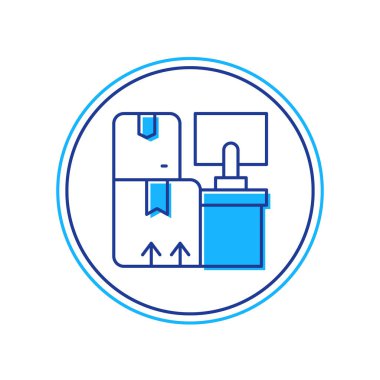 Deponun içini beyaz arkaplanda izole edilmiş raflardaki kutularla doldurdum. Lojistik, kargo, paket depolama posta servisi. Vektör