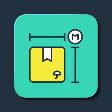 Filled outline Carton cardboard box measurement icon isolated on blue background. Box, package, parcel sign. Delivery and packaging. Turquoise square button. Vector