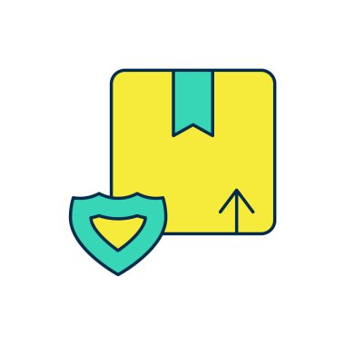 Taslak teslimat güvenliği beyaz arka planda izole edilmiş kalkan ikonu ile doldurulmuş. Teslimat sigortası. Kalkanın ötesinde sigorta kutuları var. Vektör