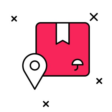 Beyaz arkaplanda izole edilmiş karton kutu simgesi ile ana hatları doldurulmuş konum. Teslimat hizmetleri, lojistik ve ulaşım, dağıtım. Vektör