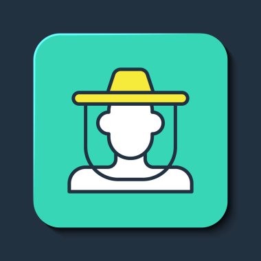 Mavi arka planda izole edilmiş koruyucu şapka ikonu ile ana hatlarıyla doldurulmuş arıcı. Özel koruyucu üniforma. Turkuaz kare düğme. Vektör