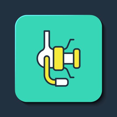 Mavi arka planda izole edilmiş balık ikonu için ana makarayı doldurdum. Balık bobini. Balık oltası. Turkuaz kare düğme. Vektör