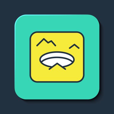 Filled outline Winter fishing icon isolated on blue background. Round ice frame. Hole in ice. Turquoise square button. Vector