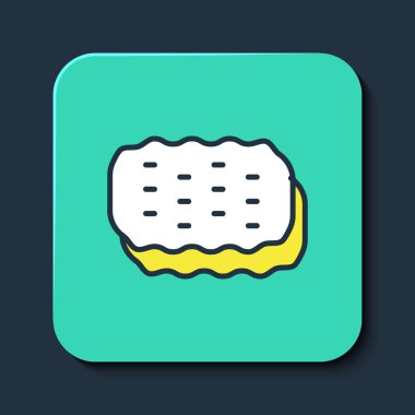 Filled outline Sponge icon isolated on blue background. Wisp of bast for washing dishes. Cleaning service logo. Turquoise square button. Vector