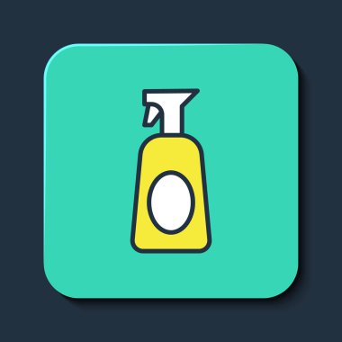 Filled outline Cleaning spray bottle with detergent liquid icon isolated on blue background. Turquoise square button. Vector