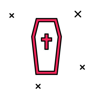 Tabut ana hatlarını, beyaz arka planda izole edilmiş Hıristiyan haç simgesiyle doldurmuş. Mutlu Cadılar Bayramı Partisi. Vektör