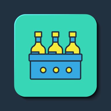 Filled outline Bottles of wine in a wooden box icon isolated on blue background. Wine bottles in a wooden crate icon. Turquoise square button. Vector