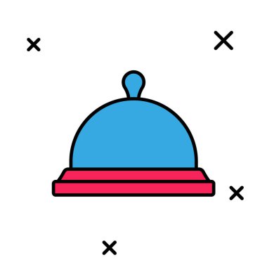 Beyaz arka planda izole edilmiş bir tepsi yemek ikonu ile kaplanmış. Tepsi ve kapak işareti. Kapaklı bir restoran saati. Vektör