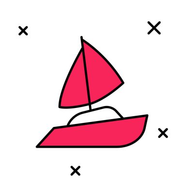 Beyaz arka planda izole edilmiş ana hatlı Yat yelkenlisi ya da yelkenli gemi simgesi. Yelkenli deniz seyahati. Vektör