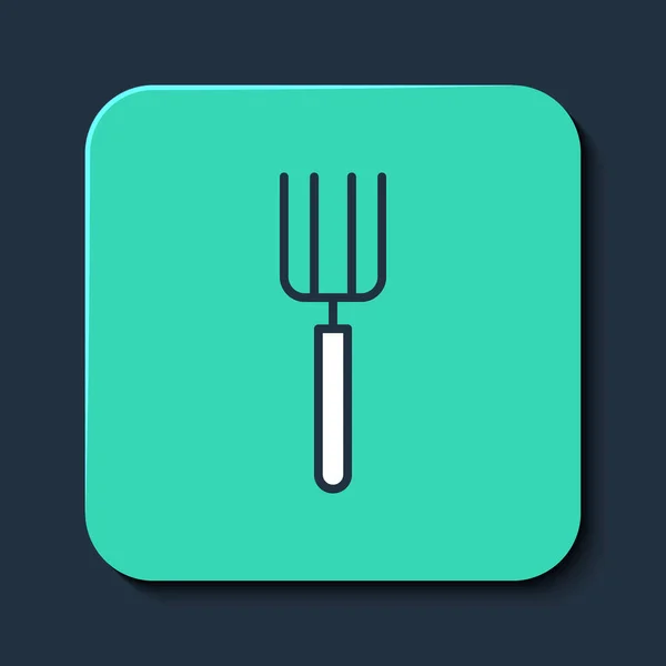 Filled outline Garden pitchfork icon isolated on blue background. Garden fork sign. Tool for horticulture, agriculture, farming. Turquoise square button. Vector — 图库矢量图片