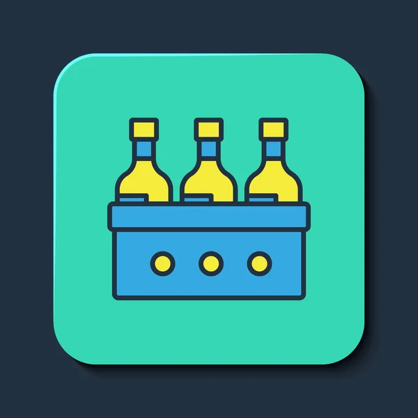 Filled outline Bottles of wine in a wooden box icon isolated on blue background. Wine bottles in a wooden crate icon. Turquoise square button. Vector — Image vectorielle