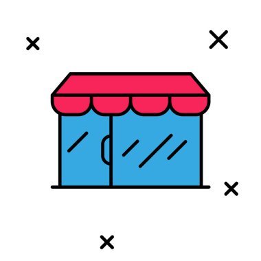 Doldurulmuş ana hatlı alışveriş binası veya market simgesi beyaz arka planda izole edilmiş. Dükkan inşaatı. Vektör