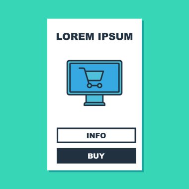 Filled outline Shopping cart on monitor icon isolated on turquoise background. Concept e-commerce, e-business, online business marketing. Vector