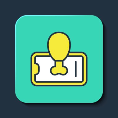 Mobil ikon üzerindeki yiyecek siparişi mavi arka planda izole edildi. Cep telefonuyla sipariş verin. Restoran yemek teslimatı konsepti. Turkuaz kare düğme. Vektör