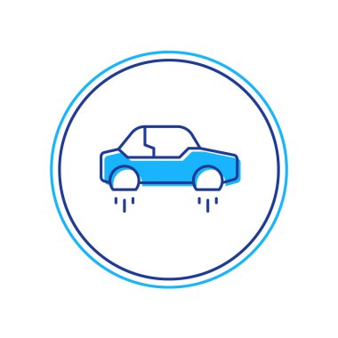 Beyaz arka planda izole edilmiş fantastik uçan araba simgesi. Gelecekteki araba teknolojisi, gelecekteki ulaşım araçları. Vektör