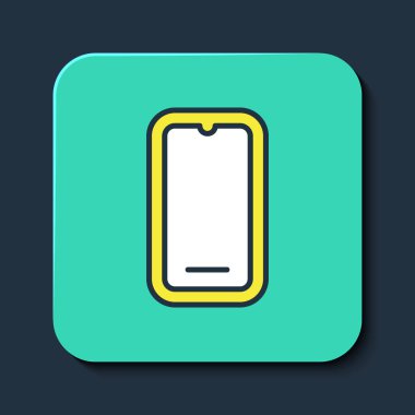 Filled outline Smartphone, mobile phone icon isolated on blue background. Turquoise square button. Vector