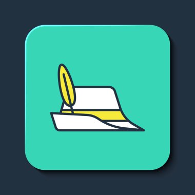 Ana hatlarıyla doldurulmuş Oktoberfest şapka simgesi mavi arkaplanda izole edilmiş. Tüylü avcı şapkası. Alman şapkası. Turkuaz kare düğme. Vektör