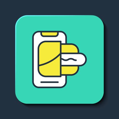 Mobil ikon üzerindeki yiyecek siparişi mavi arka planda izole edildi. Cep telefonuyla sipariş verin. Restoran yemek teslimatı konsepti. Turkuaz kare düğme. Vektör