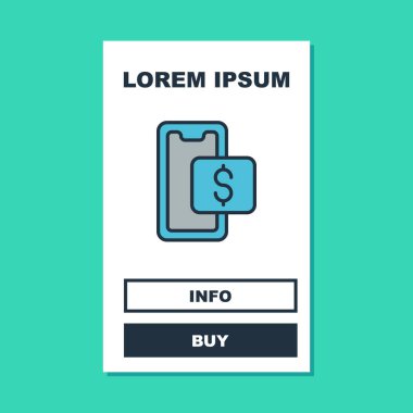 Doldurulmuş cep telefonu ve alışveriş arabası simgesi turkuaz arka planda izole edilmiş. İnternetten satın alma sembolü. Süpermarket sepeti sembolü. Vektör