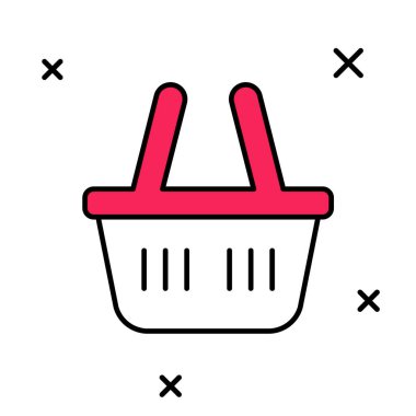Beyaz arkaplanda izole edilmiş ana hatlı alışveriş sepeti simgesi. İnternetten satın alma konsepti. Servis tabelası. Alışveriş arabası sembolü. Vektör