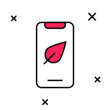 Ana hatlarıyla doldurulmuş akıllı telefon, cep telefonu ve beyaz arkaplanda yaprak simgesi. Vektör