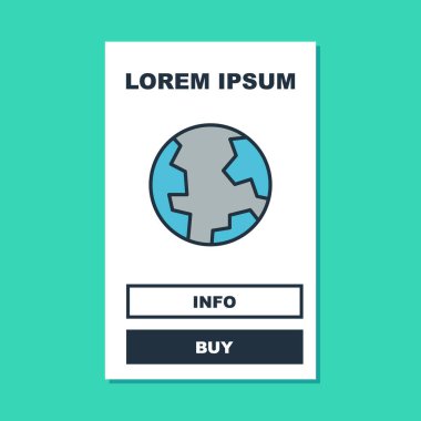 Turkuaz arka planda Dünya 'nın ana hatlarıyla izole edilmiş ikonu. Dünya ya da Dünya işareti. Küresel internet sembolü. Geometrik şekiller. Vektör