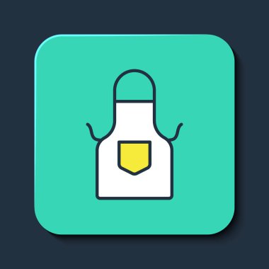 Doldurulmuş mutfak önlüğü simgesi mavi arkaplanda izole edildi. Yemek pişirmek için şef üniforması. Turkuaz kare düğme. Vektör