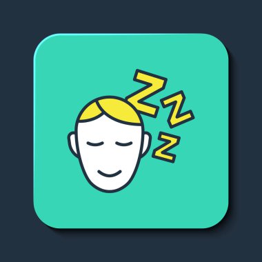 Doldurulmuş Dreams simgesi mavi arkaplanda izole edildi. Uyku, dinlenme, rüya kavramı. Dinlenmek ve rahatlamak için. Turkuaz kare düğme. Vektör