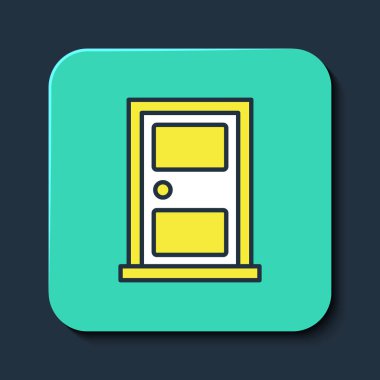 Filled outline Closed door icon isolated on blue background. Turquoise square button. Vector