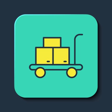 Filled outline Trolley suitcase icon isolated on blue background. Traveling baggage sign. Travel luggage icon. Turquoise square button. Vector