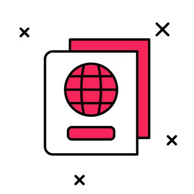 Beyaz arkaplanda izole edilmiş biyometrik veri ikonu ile doldurulmuş pasaport. Kimlik belgesi. Vektör