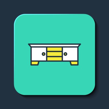 Doldurulmuş ana hatlı televizyon masası simgesi mavi arkaplanda izole edildi. Turkuaz kare düğme. Vektör