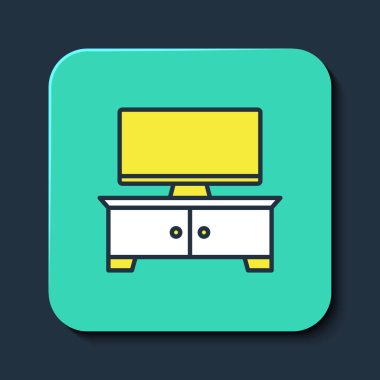 Doldurulmuş ana hatlı televizyon masası simgesi mavi arkaplanda izole edildi. Turkuaz kare düğme. Vektör
