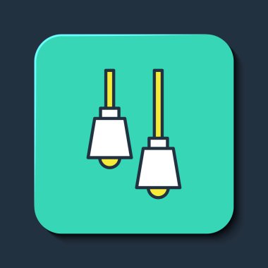 Doldurulmuş lamba asma simgesi mavi arkaplanda izole edilmiş. Tavan lambası ampulü. Turkuaz kare düğme. Vektör