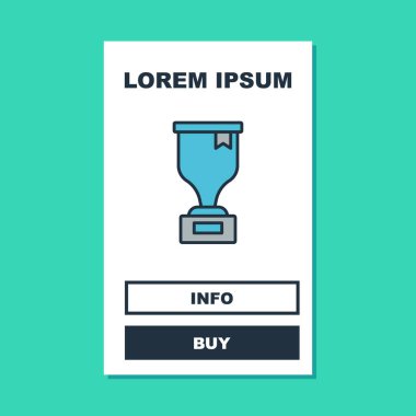 Taslak doldurulmuş ödül kupasının simgesi turkuaz arka planda izole edildi. Galibiyet ödülü sembolü. Şampiyonluk ya da yarışma kupası. Spor başarısı işareti. Vektör