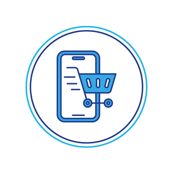 Filled outline Mobile phone and shopping cart icon isolated on white background. Online buying symbol. Supermarket basket symbol. Vector — 图库矢量图片