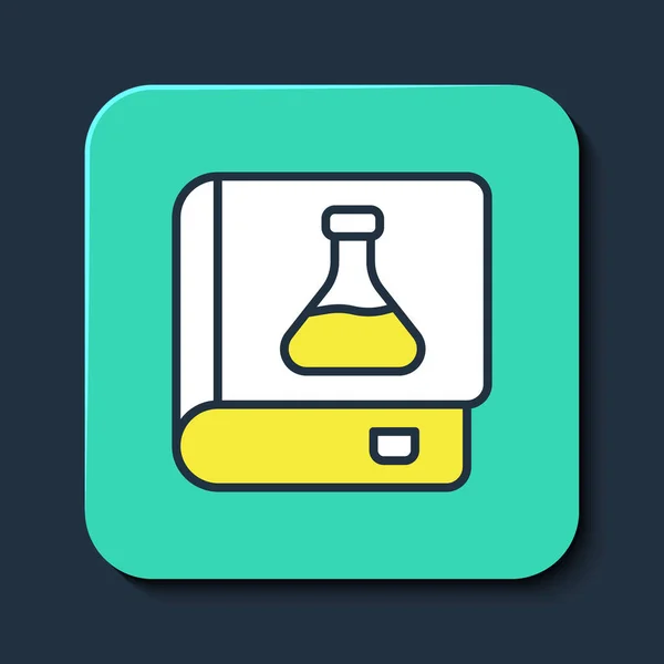 Filled outline Chemistry book icon isolated on blue background. Turquoise square button. Vector — Vector de stock