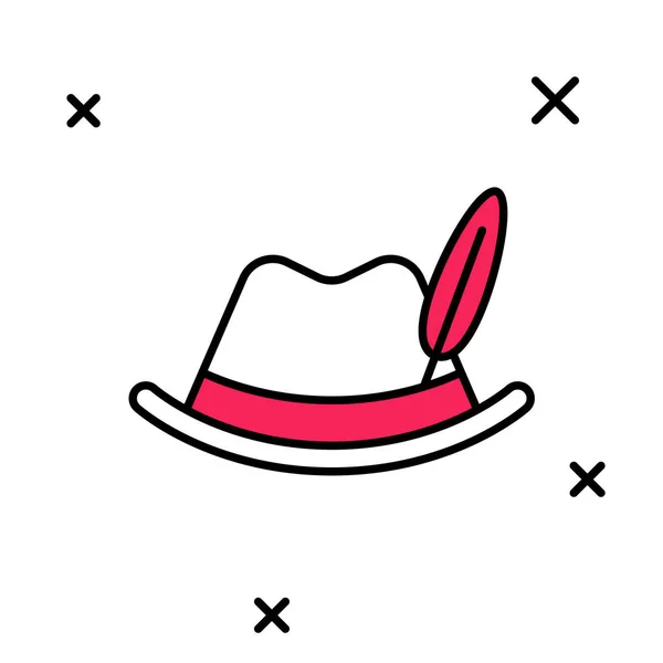 Riempito contorno Oktoberfest icona cappello isolato su sfondo bianco. Cappello Hunter con piuma. Cappello tedesco. Vettore — Vettoriale Stock