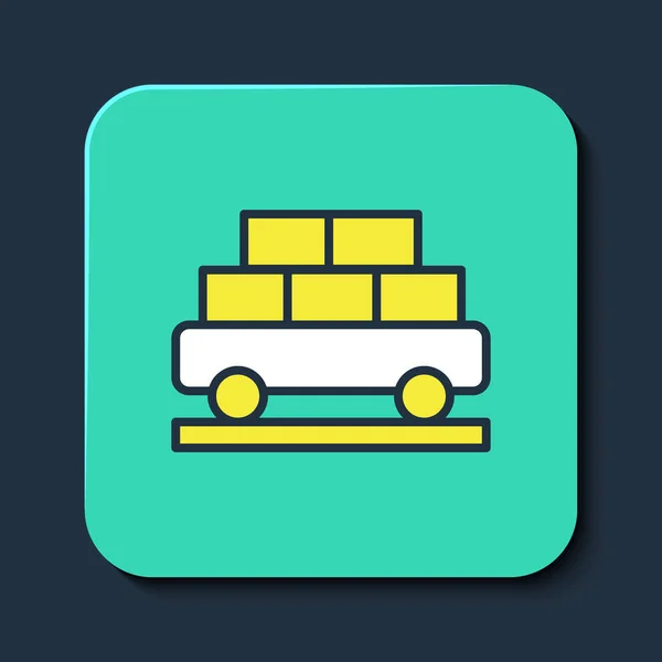 Filled outline Cargo train wagon icon isolated on blue background. Full freight car. Railroad transportation. Turquoise square button. Vector — Stock vektor