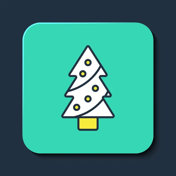 青い背景に孤立した装飾アイコンを持つクリスマスツリーを記入。メリークリスマスとハッピーニューイヤー。ターコイズ正方形のボタン。ベクトル — ストックベクタ