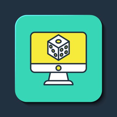 Doldurulmuş oyun zar simgesi mavi arkaplanda izole edildi. Kumarhane kumarı. Turkuaz kare düğme. Vektör