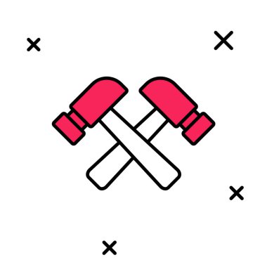 Doldurulmuş çizgili çapraz çekiç simgesi beyaz arkaplanda izole edilmiş. Tamir için bir araç. Vektör