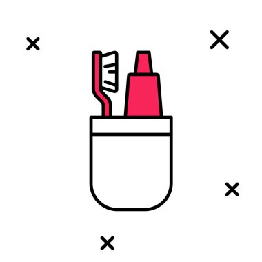 Diş fırçası ve diş macunu ikonu tüpü beyaz arkaplanda izole edilmiş. Tek kullanımlık tuvalet malzemeleri. Vektör