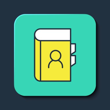 Doldurulmuş telefon rehberi simgesi mavi arkaplanda izole edildi. Adres defteri. Telefon rehberi. Turkuaz kare düğme. Vektör