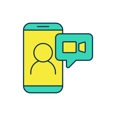 Beyaz arkaplanda izole edilmiş ana hatlı görüntülü sohbet ikonu. Çevrimiçi iş görüşmesi formu. Uzak proje yönetimi. Vektör